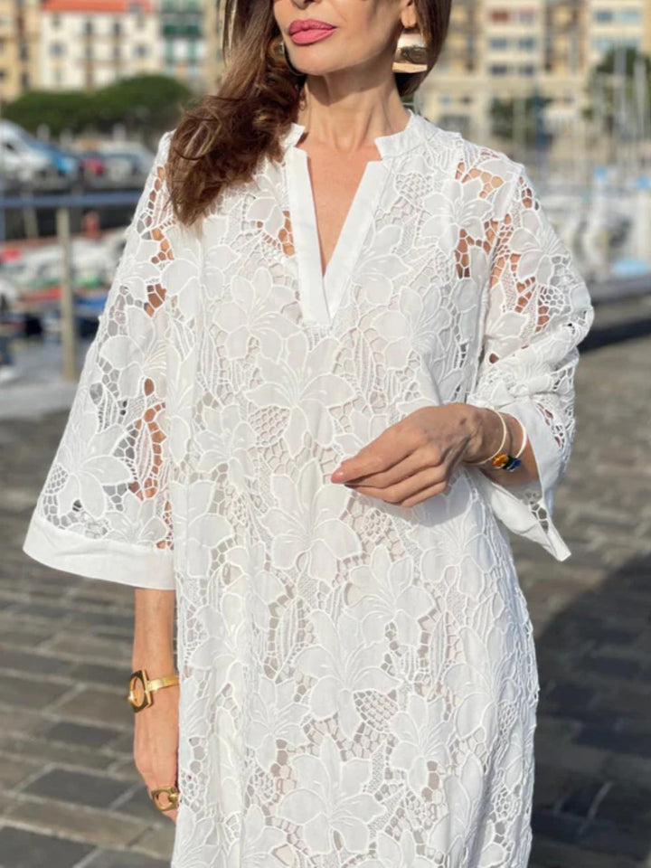 V-neck lace white loose dress
