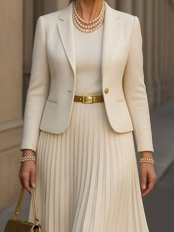 White pleated dress with suit jacket
