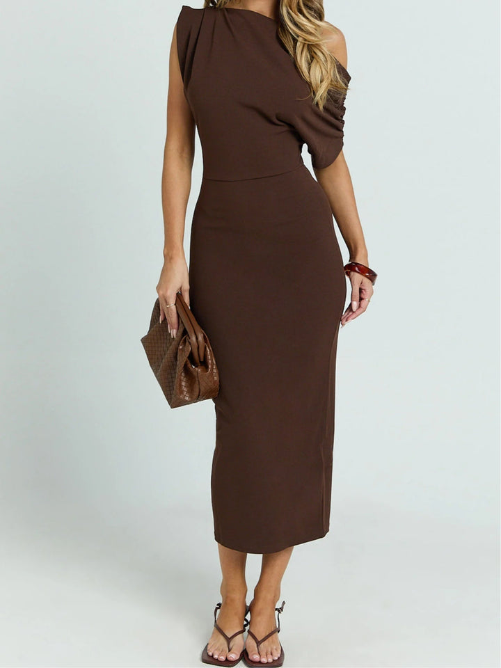 Brown off-shoulder knitted draped dress