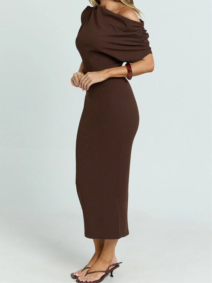 Brown off-shoulder knitted draped dress