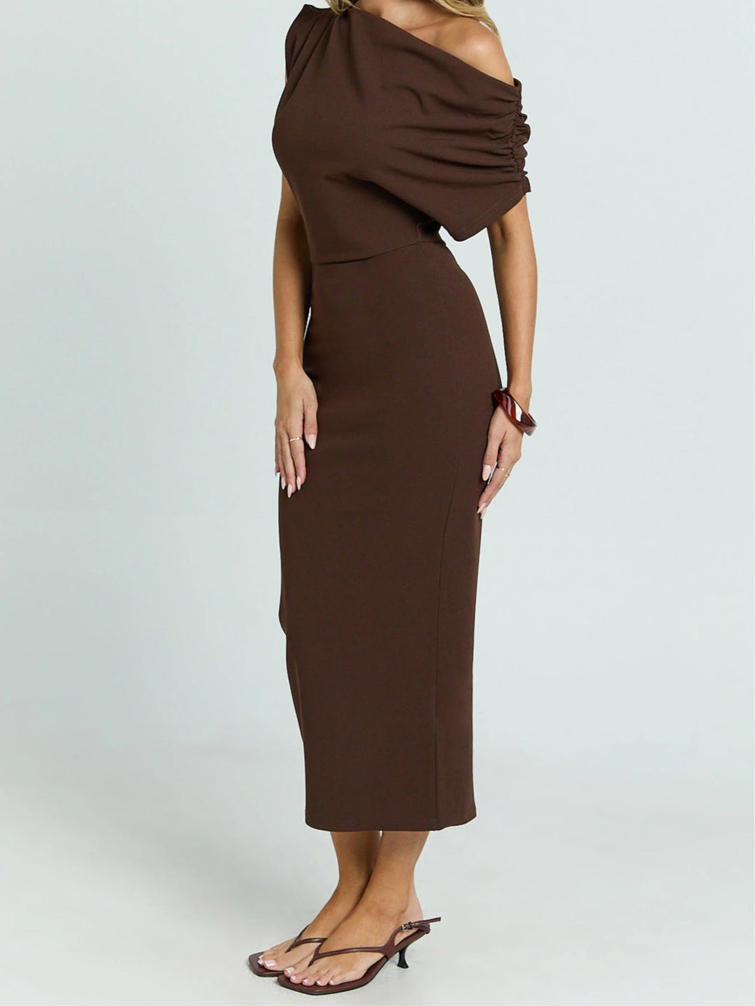 Brown off-shoulder knitted draped dress