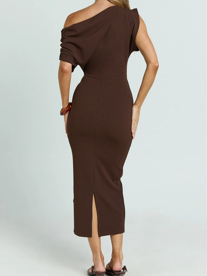 Brown off-shoulder knitted draped dress