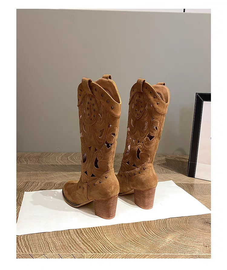 Suede chunky heel embroidered openwork Western boots