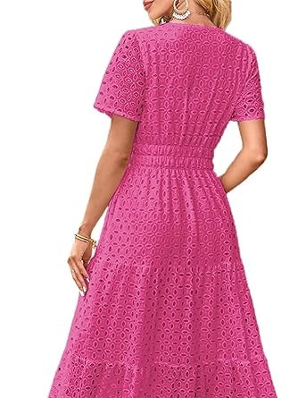 Cotton Casual Short Sleeve Hollow Pocket Midi Dress