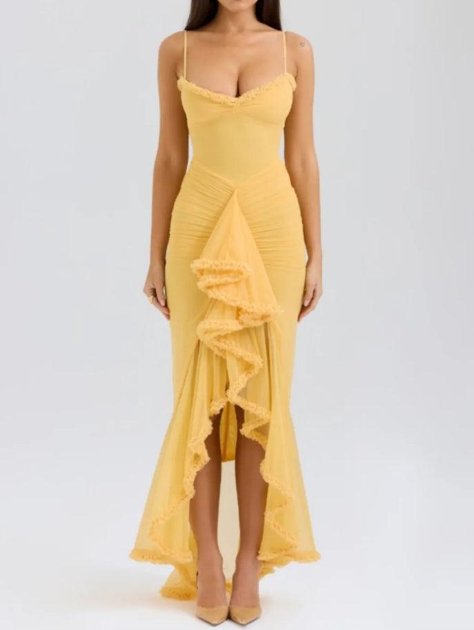Apricot ruffled front gown