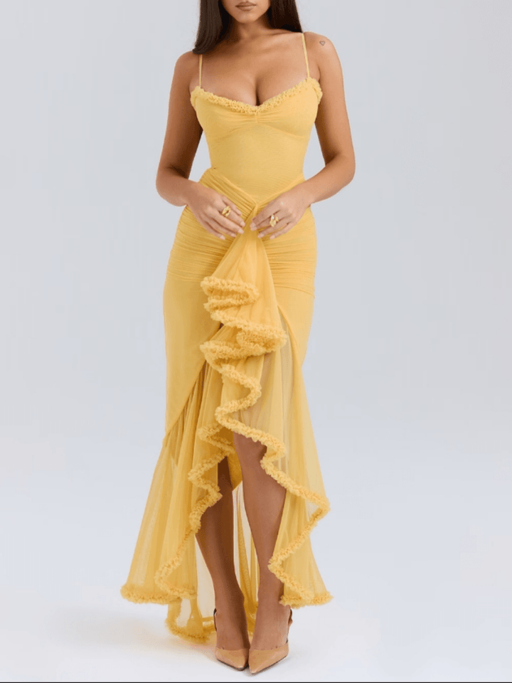 Apricot ruffled front gown