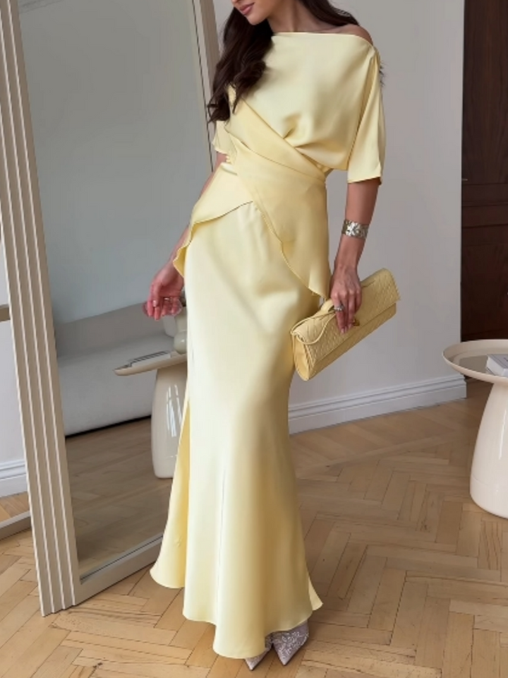 Off-shoulder tie top and skirt set