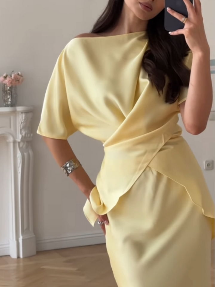 Off-shoulder tie top and skirt set