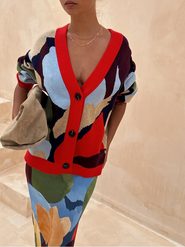 Abstract Geometric Pattern Knitted Jacket + Skirt Set