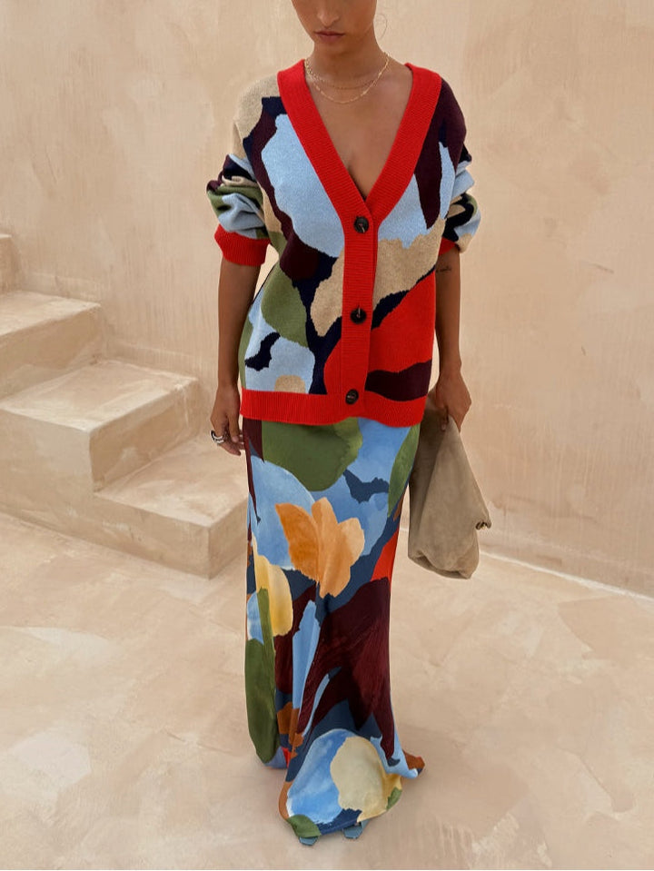 Abstract Geometric Pattern Knitted Jacket + Skirt Set