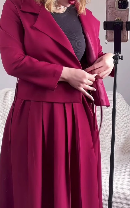 Lapel tie jacket and pleated skirt set