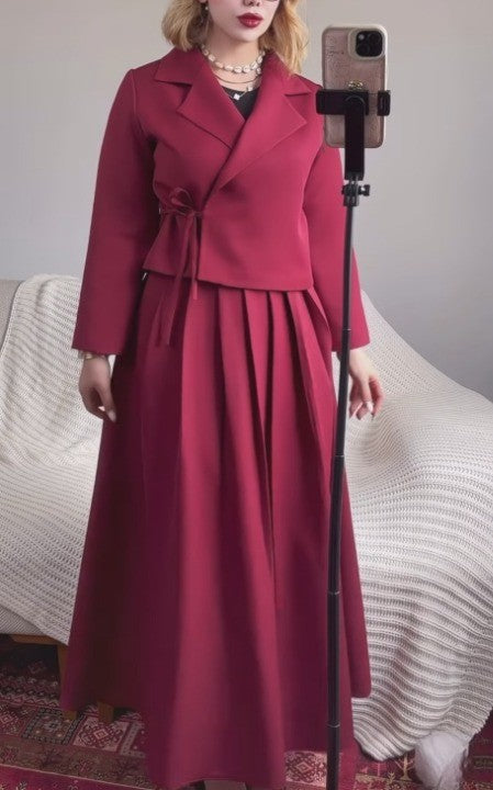 Lapel tie jacket and pleated skirt set
