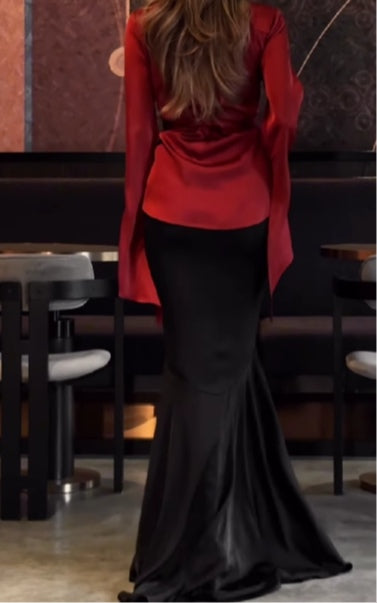 Cross-waist shirt and fishtail long skirt set