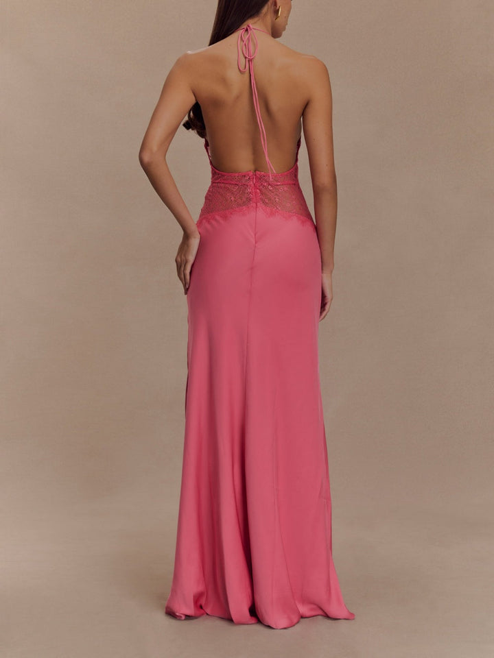 Deep V silk satin maxi dress with halterneck