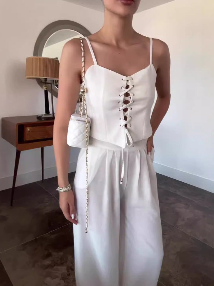 Linen Blend Tie Front Camisole Two-Piece Set