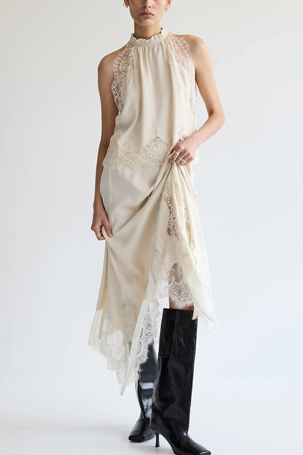 Lace Pleated Collar Top + Irregular Slit Skirt Set