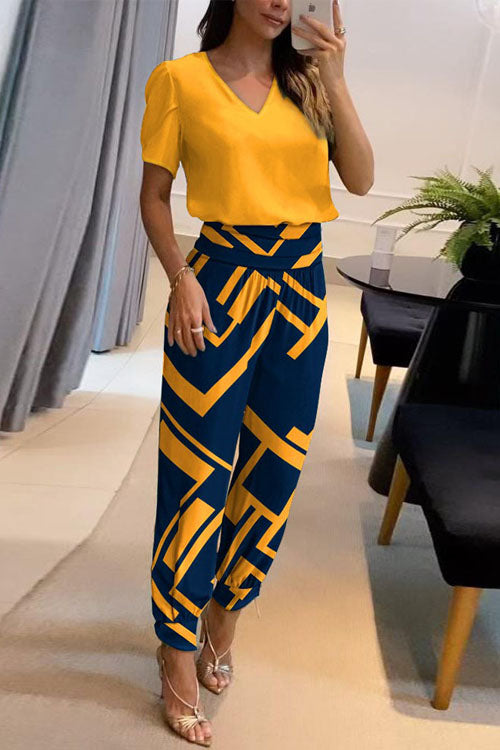 Casual V-Neck Printed Short Sleeve Long Pants Two-Piece Set