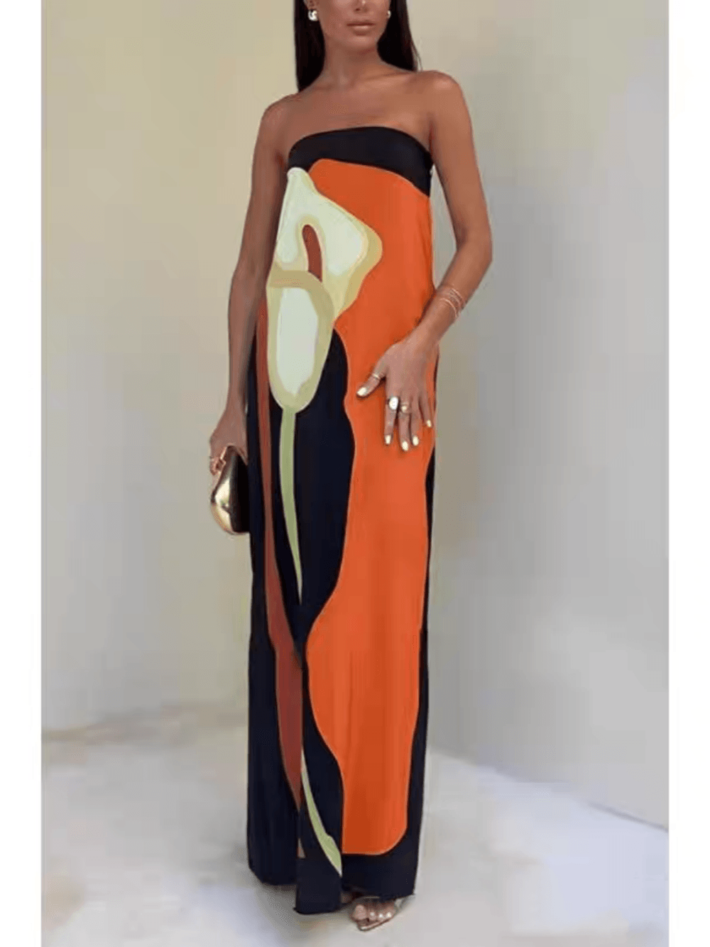 Strapless Color Block Printed Maxi Party Dress