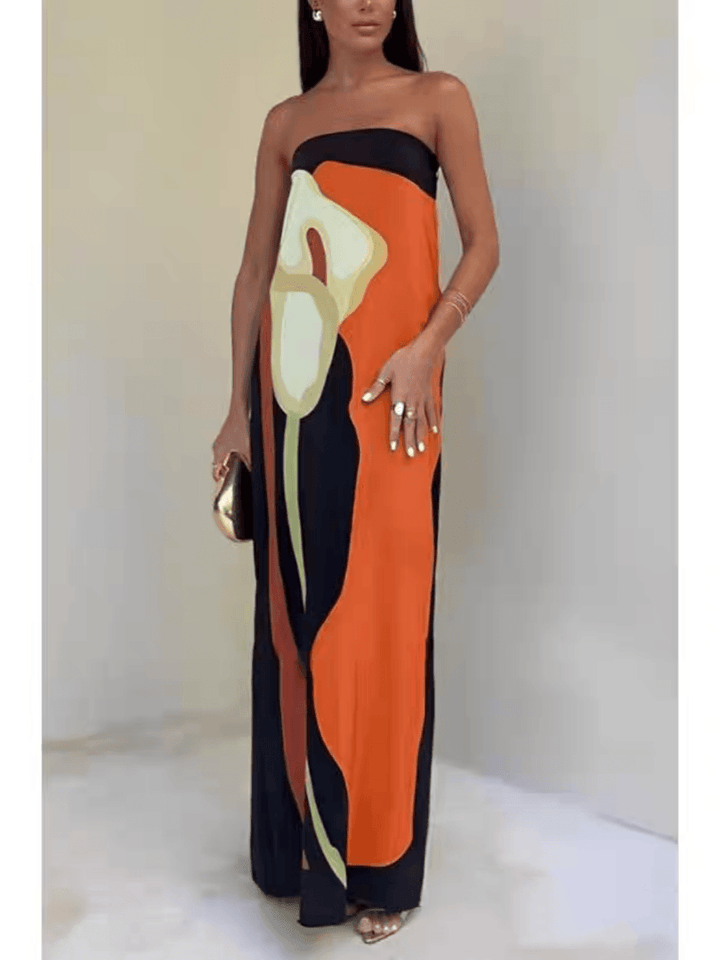 Strapless Color Block Printed Maxi Party Dress