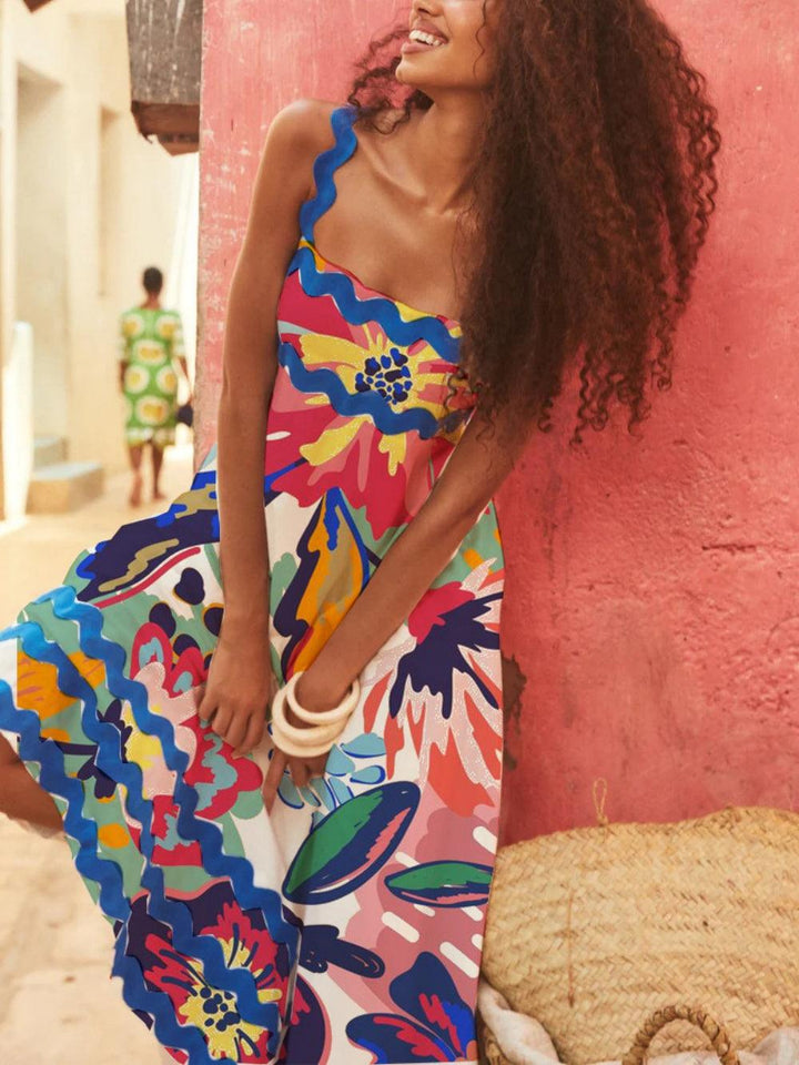 Floral wave strap A-line dress