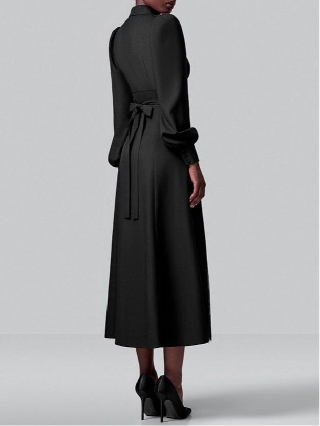 Lapel Hollow Lantern Sleeve Lace Dress