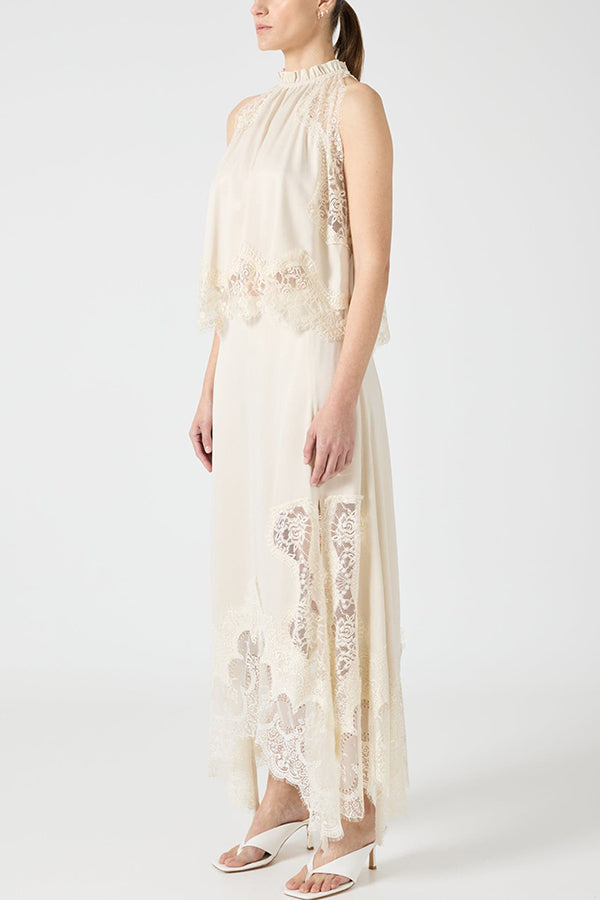 Lace Pleated Collar Top + Irregular Slit Skirt Set