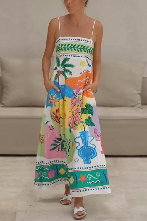 Spaghetti Strap High Waist Tropic Print Maxi Holiday Dress