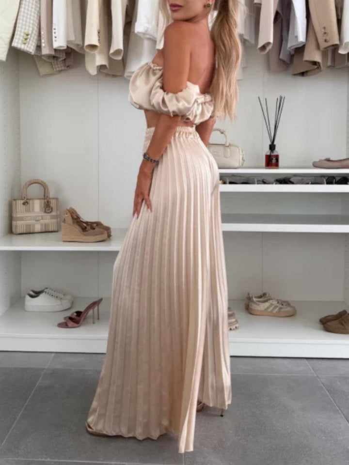 Solid color tube top pleated trousers suit