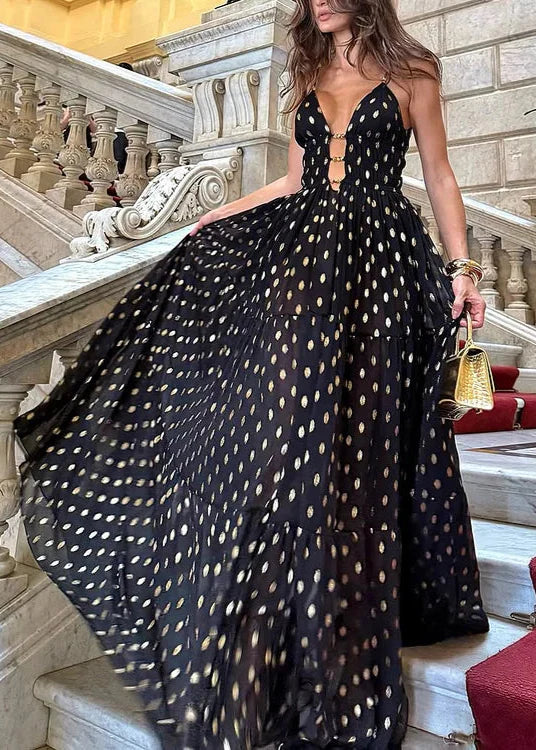 Black and Gold Polka Dots V-neck One Piece Swimsuit and Skirt