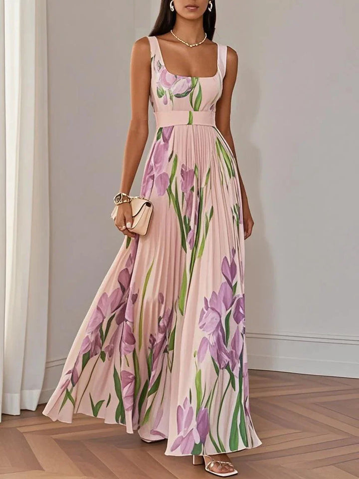 White Pleated Floral Chiffon Square Neck Sleeveless A-Line Maxi Dress
