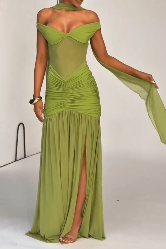 V-shoulder Maxi Dress - Olive