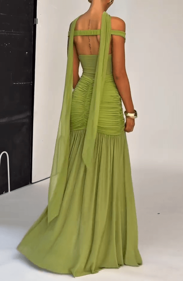 V-shoulder Maxi Dress - Olive