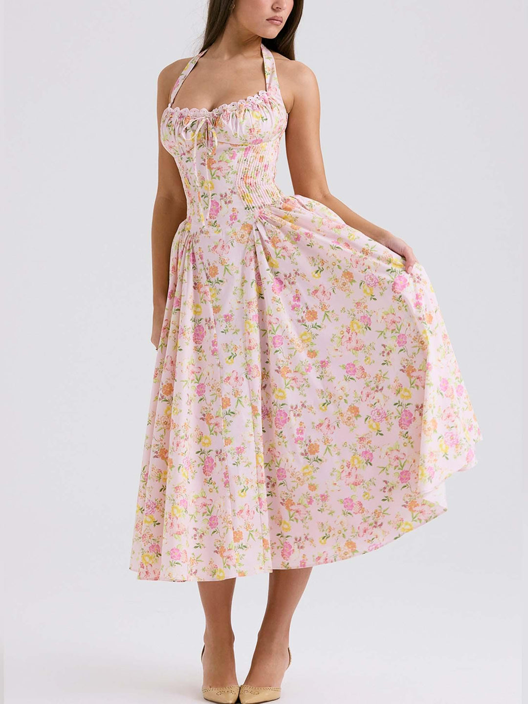 Romantic Floral Corset Midi Dress