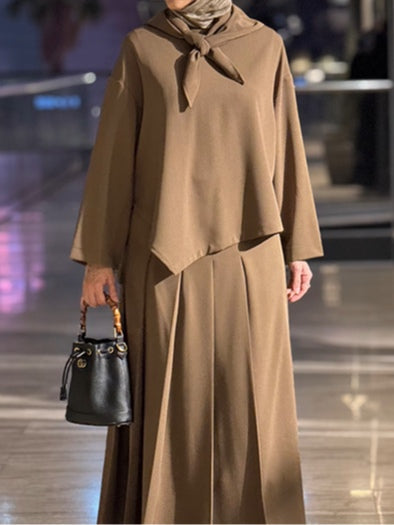 Asymmetrical hem top and pleated skirt set with a silk scarf