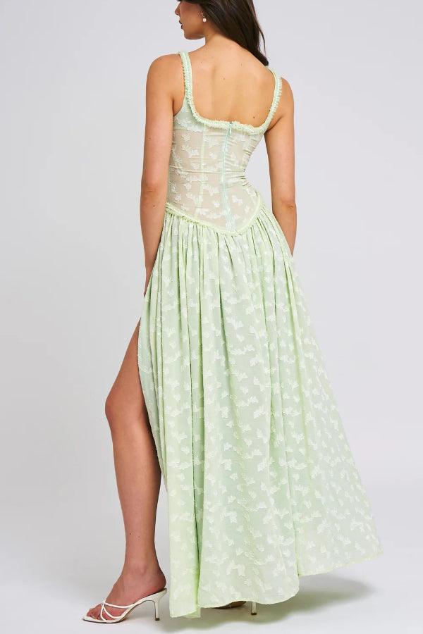 Light Green Square Neck Jacquard Textured High Slit Maxi Dress
