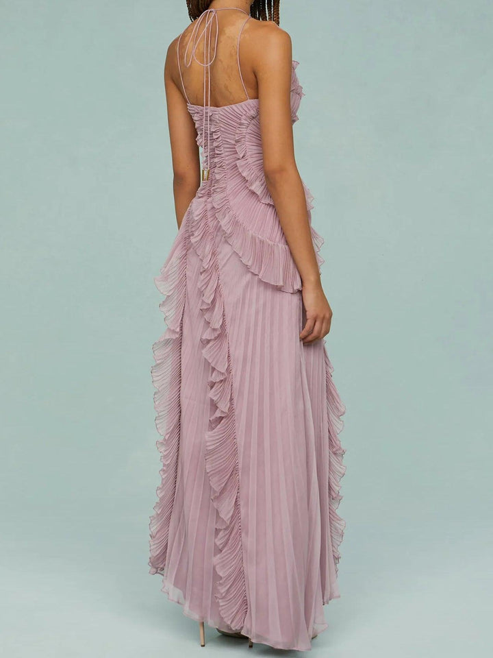 Pleated Suspender Long Dress With Slits