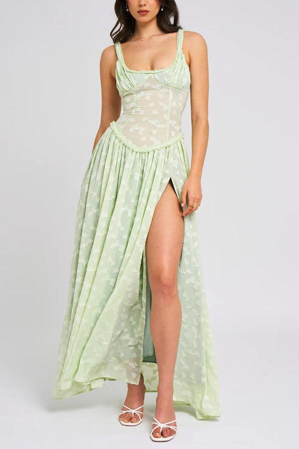 Light Green Square Neck Jacquard Textured High Slit Maxi Dress