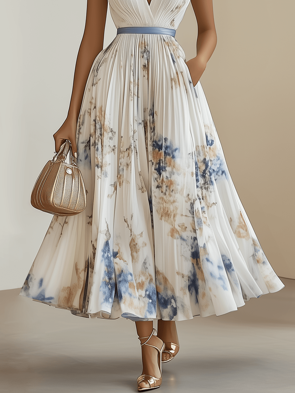 Spring New White Pleated Floral Chiffon V Neck Sleeveless A-Line Midi Dress
