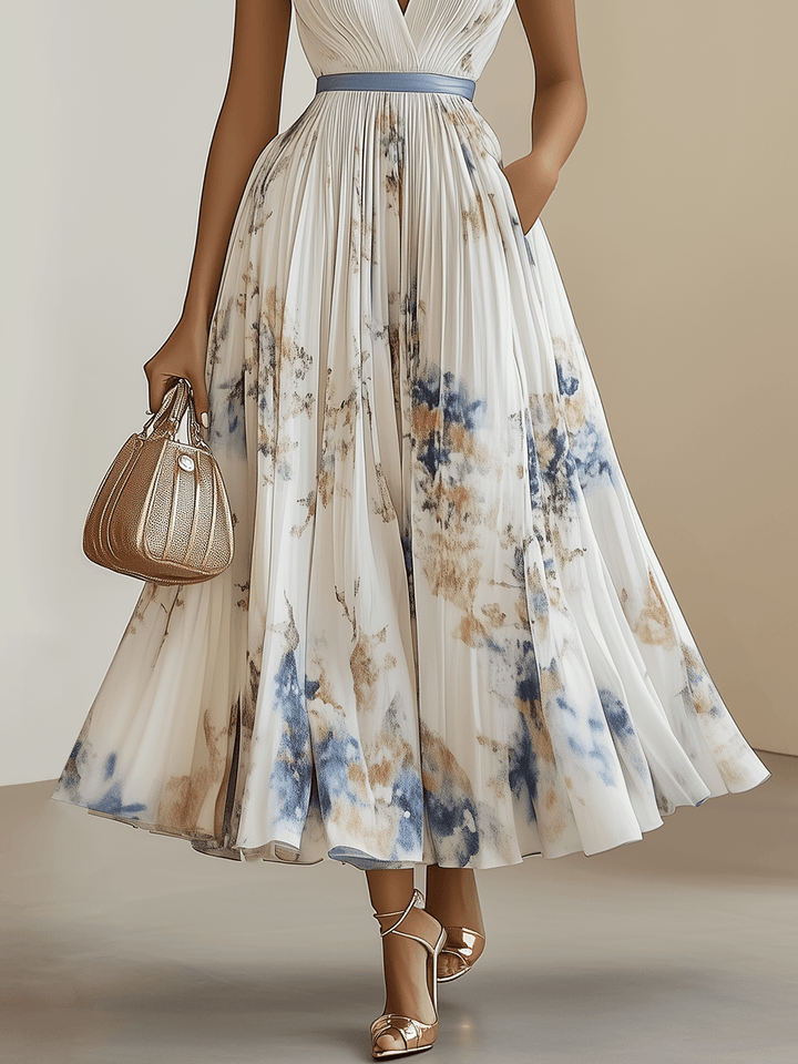 Spring New White Pleated Floral Chiffon V Neck Sleeveless A-Line Midi Dress