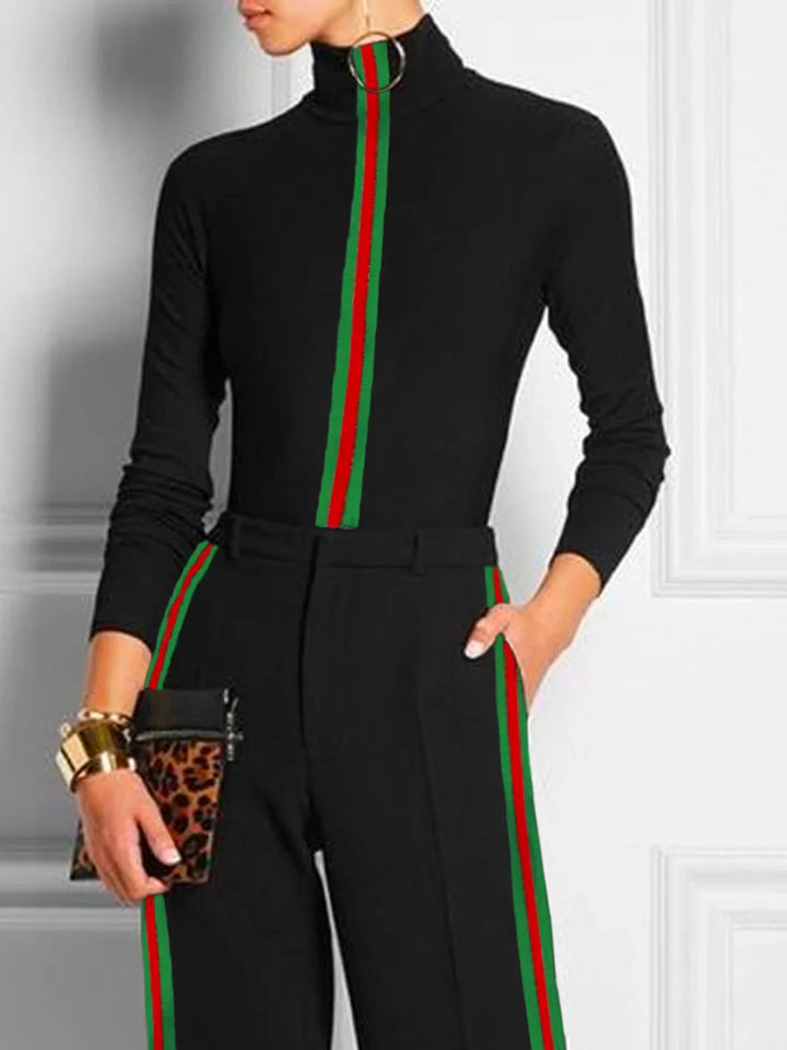 Contrast striped turtleneck T-shirt and trousers set