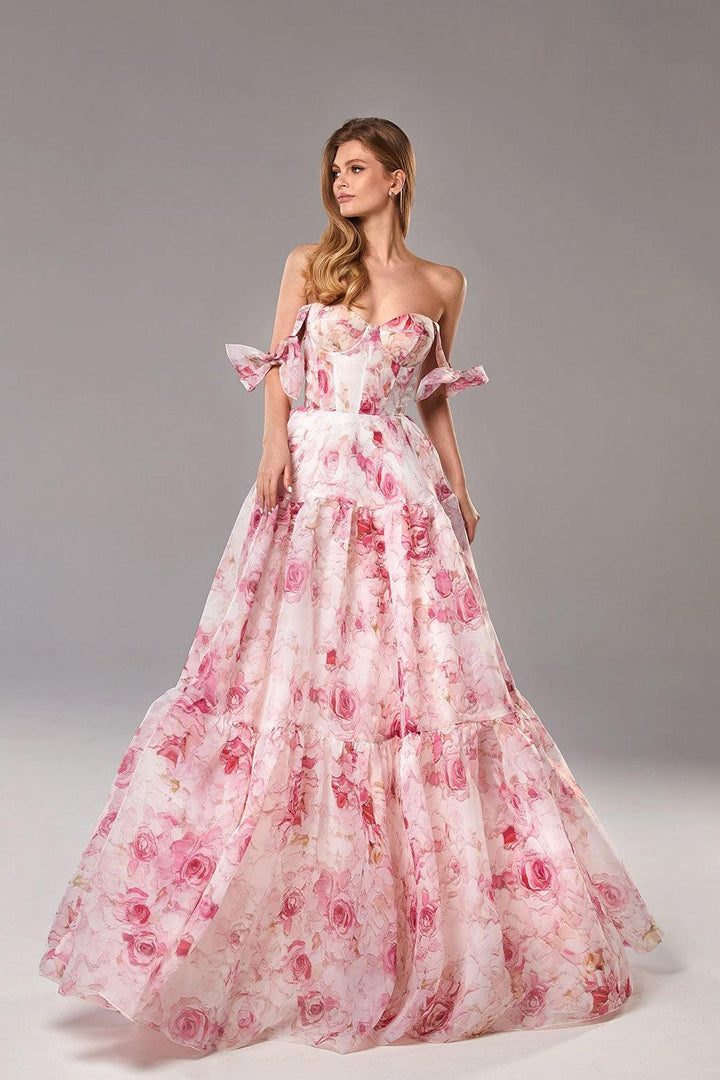 Organza Floral Print Tie Strap Maxi Dress