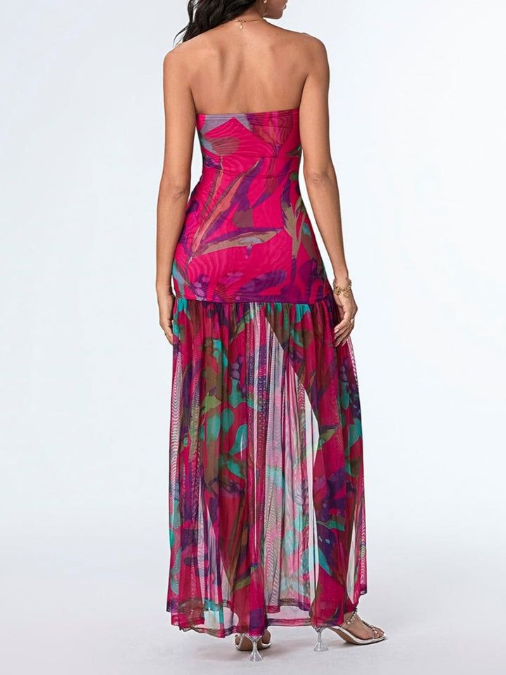 Printed Strapless Slit Maxi Dress