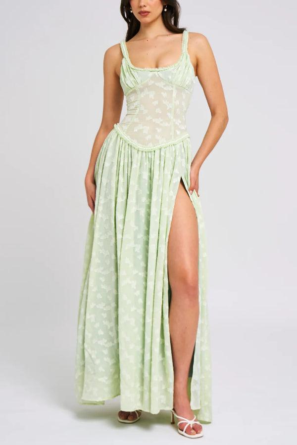 Light Green Square Neck Jacquard Textured High Slit Maxi Dress