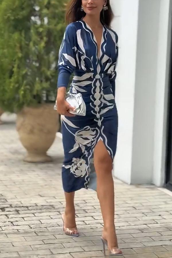 Unique Print Dolman Long Sleeve Ruched Slit Midi Dress