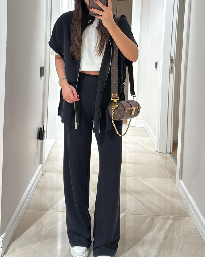 Casual Waist Stretch Detail Top & Pants Two-Piece Set