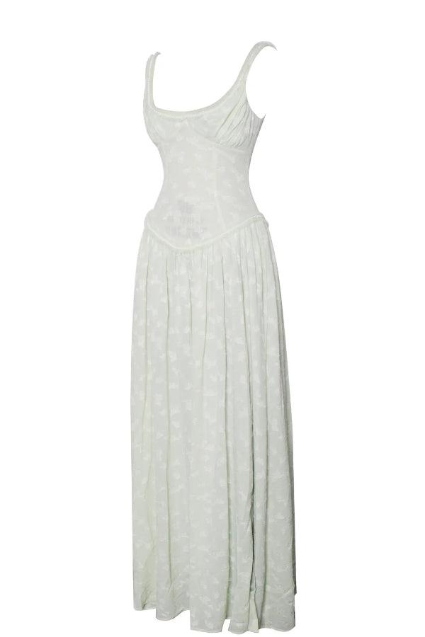 Light Green Square Neck Jacquard Textured High Slit Maxi Dress