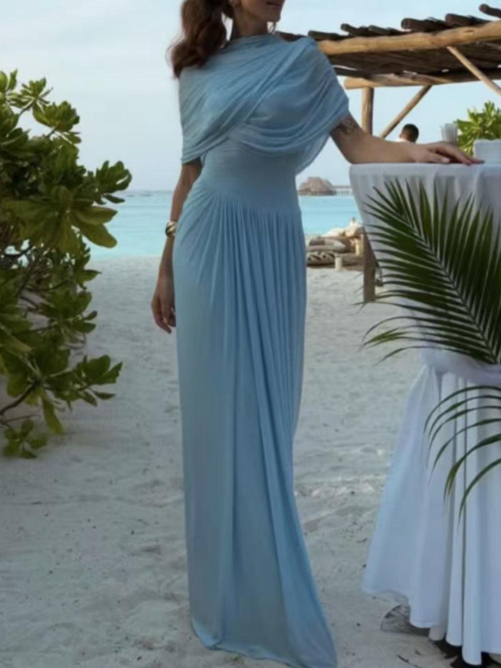Cape-style pleated wrap maxi dress