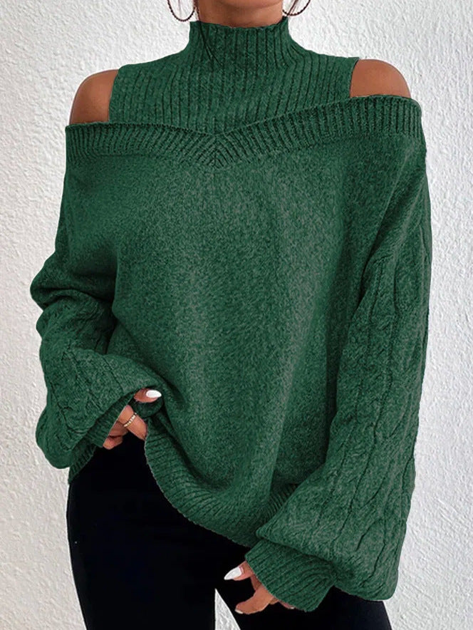 High Neck Cutout Off Shoulder Long Sleeve Loose Sweater