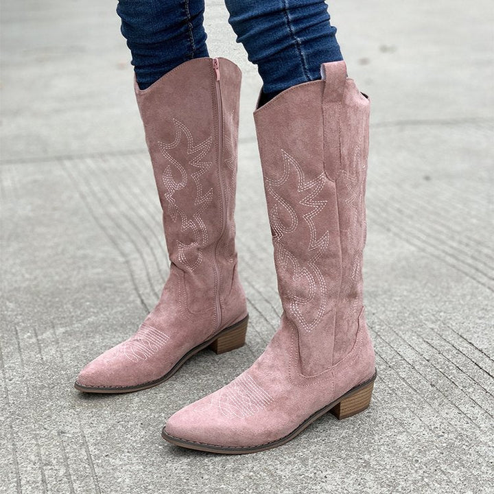 Embroidered Denim High-top Chunky-heeled Western Boots