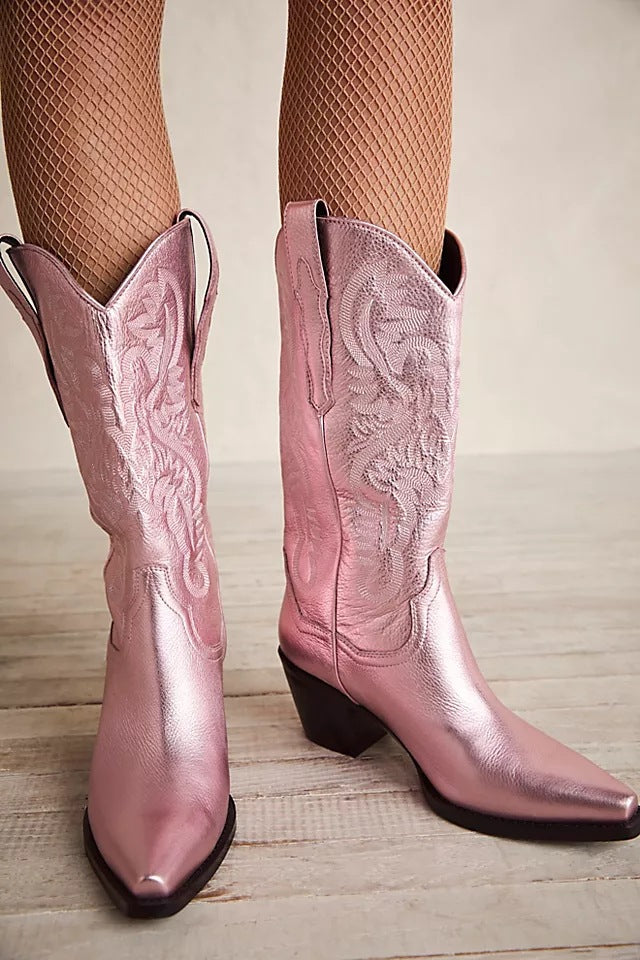 Embroidered Pointed Toe Thick Heel Western Boots